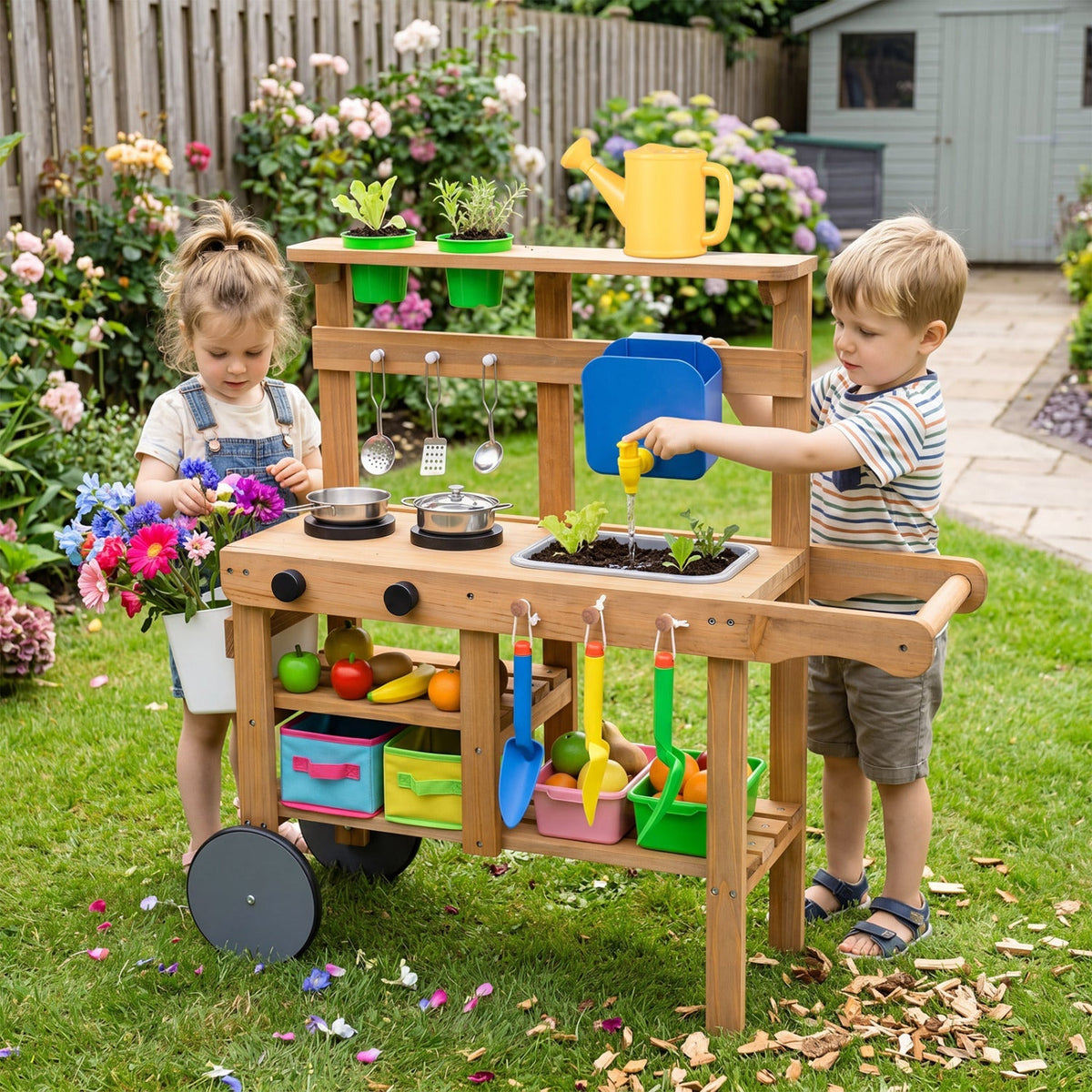 Kids play mud kitchen with water tank, sink, and 15 accessories, featuring a colorful outdoor play kitchen for children.