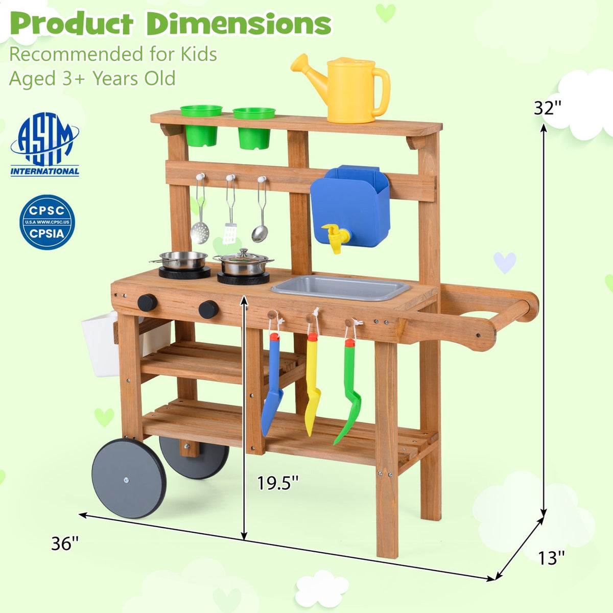 Kids play mud kitchen by GBruno Store with water tank, sink, and 15 accessories for outdoor imaginative play.