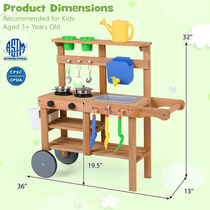 Kids mud kitchen play set with water tank, sink, and 15 accessories, designed for outdoor imaginative play by GBruno Store.