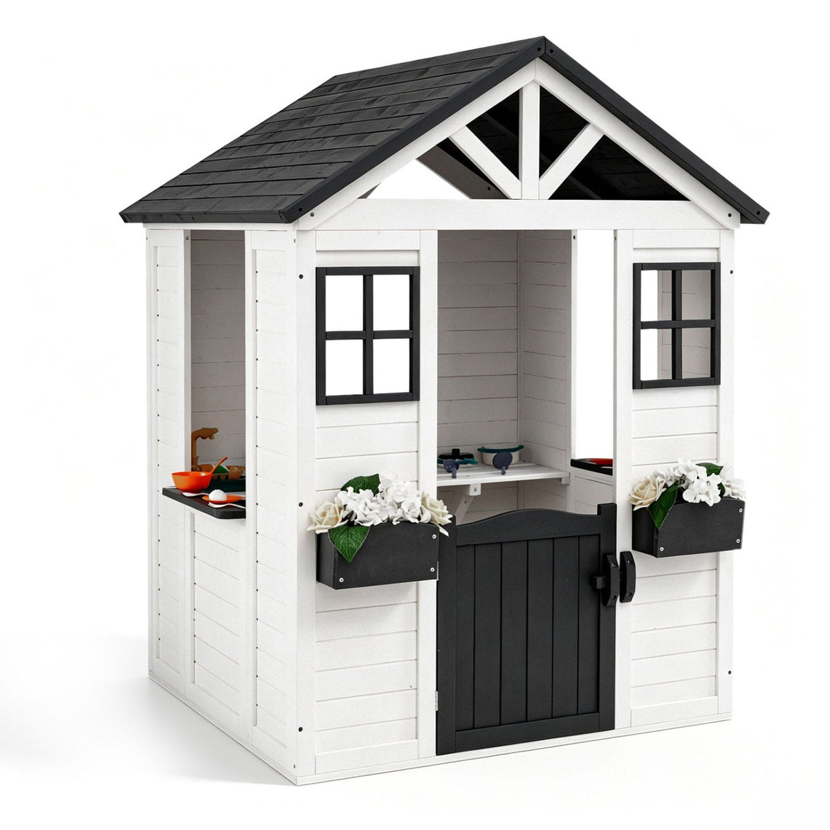 Kids outdoor wooden playhouse with sink, cottage design, half door, and window, perfect for outdoor pretend play.