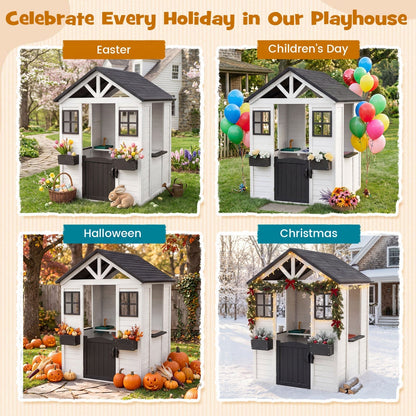Kids outdoor wooden playhouse with sink, featuring a spruce finish, half door, and cottage style for imaginative play.
