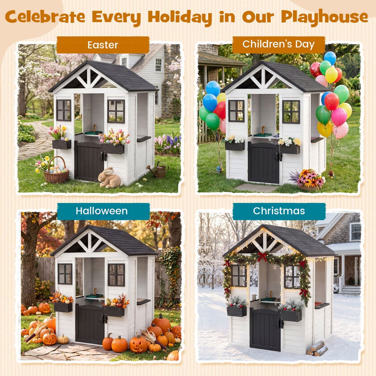 Kids outdoor wooden playhouse with sink, spruce cottage design, half door, suitable for outdoor play and imaginative fun