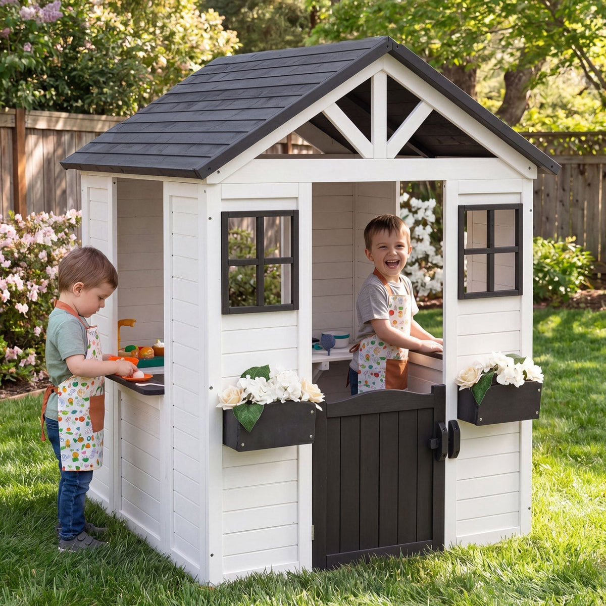 Kids outdoor wooden playhouse with sink, featuring a spruce finish and half door, designed for outdoor play and imaginative fun.