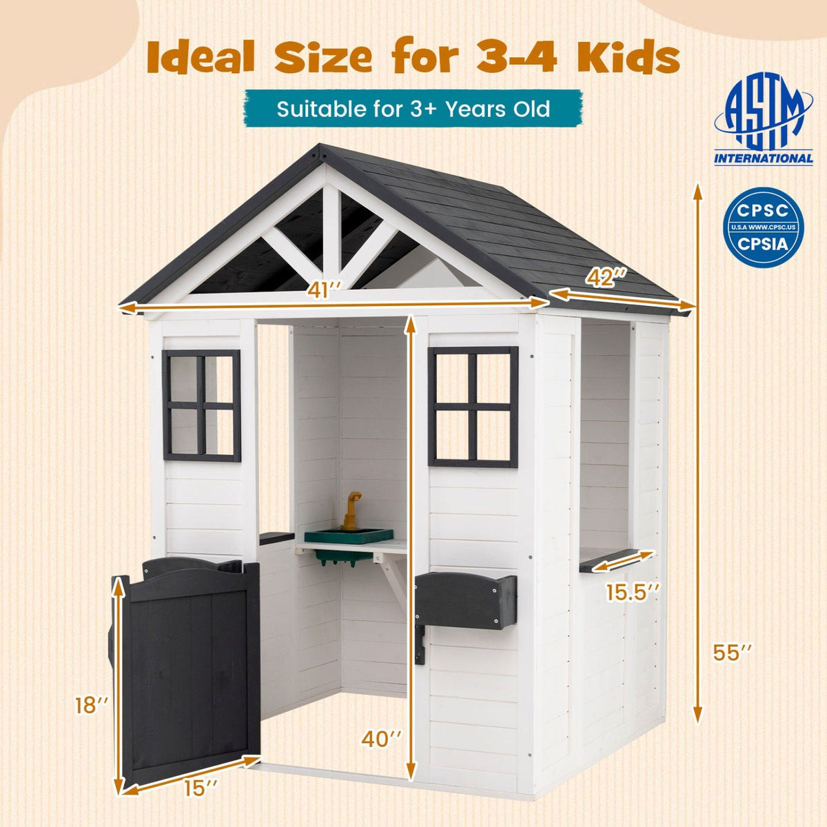 Kids outdoor wooden playhouse with sink, spruce finish, cottage style, half door, designed for outdoor play and imaginative fun.