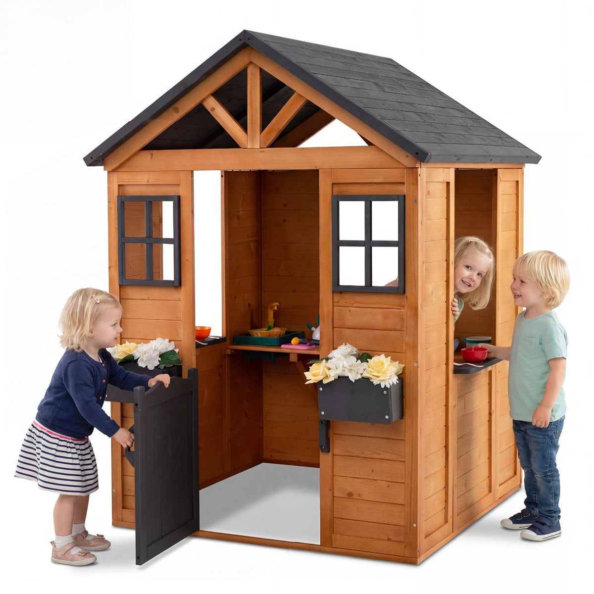 Kids outdoor playhouse by GBruno Store featuring a wooden cottage design with a half door and integrated sink for imaginative play
