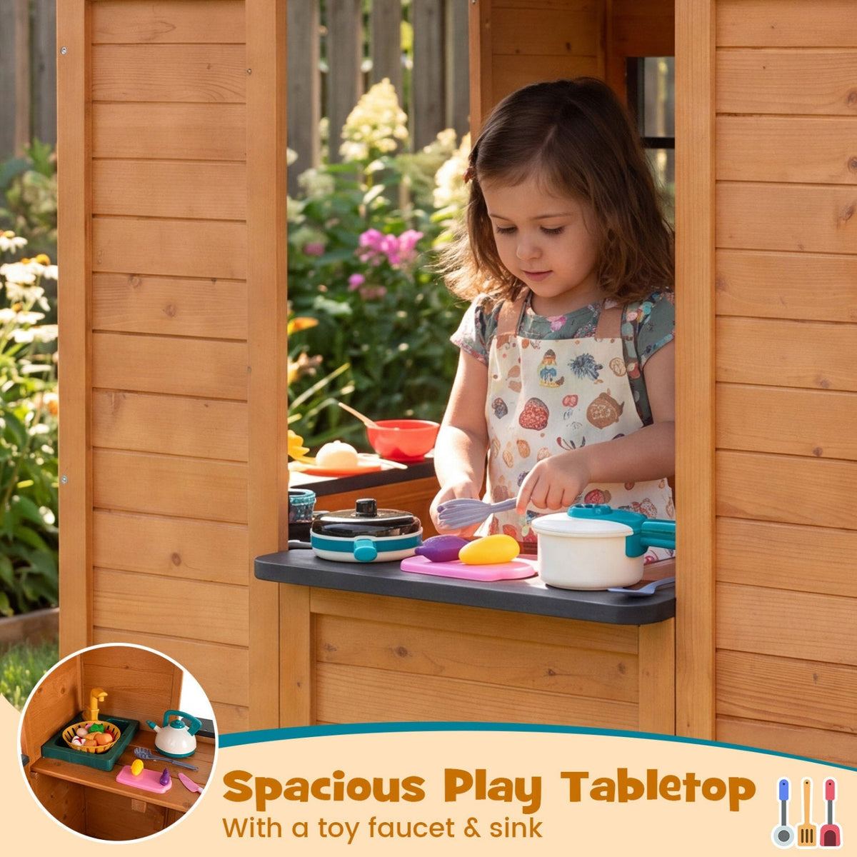 Kids outdoor wooden playhouse with sink, featuring a spruce finish, half door, and cottage design for outdoor play and fun.