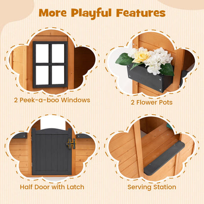 Kids outdoor wooden playhouse with sink, featuring a spruce finish and half door, ideal for outdoor backyard play.