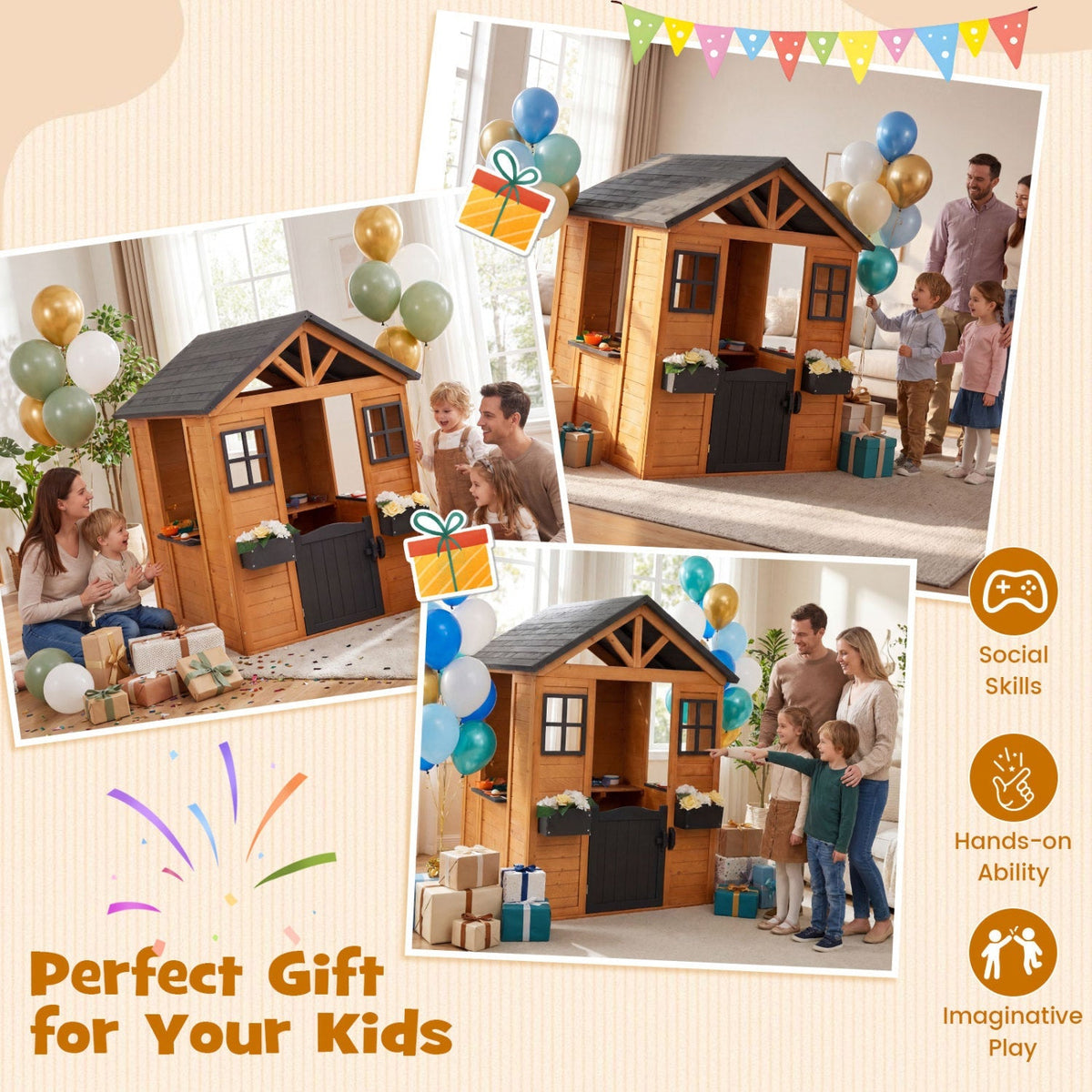 Kids outdoor wooden playhouse with sink, half door, and cottage design, featuring natural spruce wood for imaginative play.