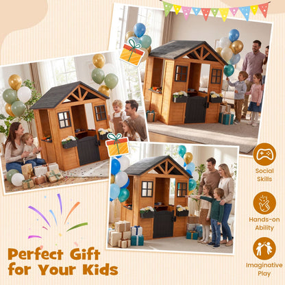 Kids outdoor wooden playhouse with sink, half door, and cottage design, featuring natural spruce wood for imaginative play.