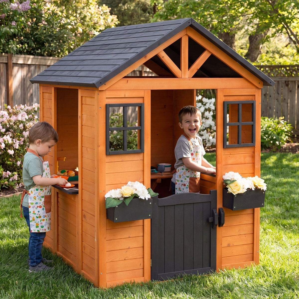 Kids outdoor wooden playhouse with sink, cottage style, featuring a half door and natural wood finish for backyard fun.