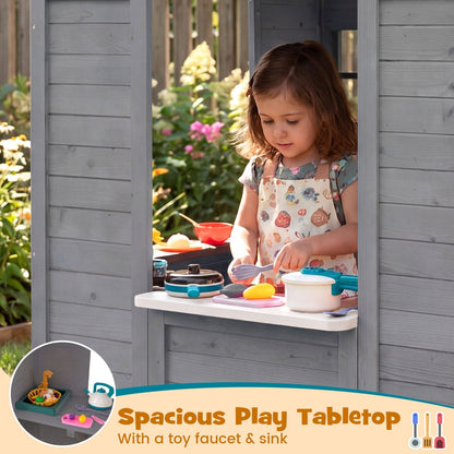 Kids outdoor wooden playhouse with sink, featuring a spruce finish, half door, and cottage-style design for outdoor play.