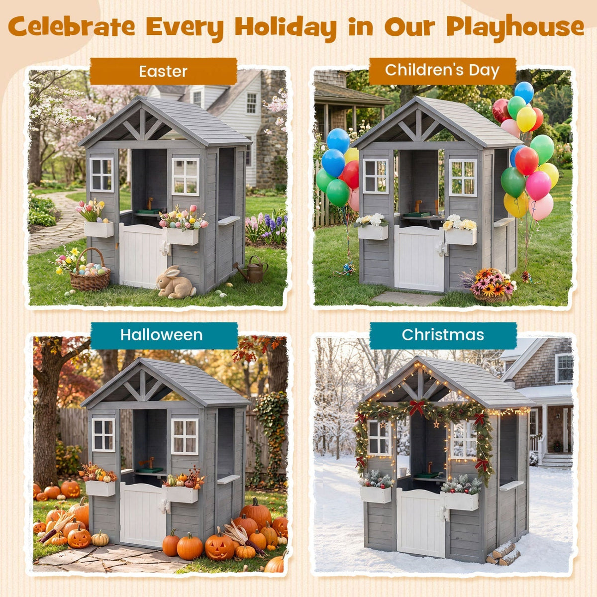 Kids outdoor wooden playhouse with sink, cottage style, spruce wood, half door, perfect for outdoor play and imaginative fun.