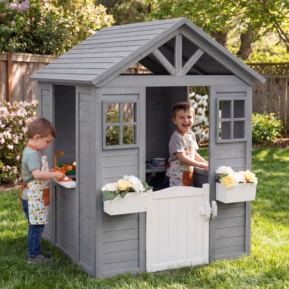 Kids outdoor wooden playhouse with half door and sink, spruce cottage for outdoor play, by GBruno Store