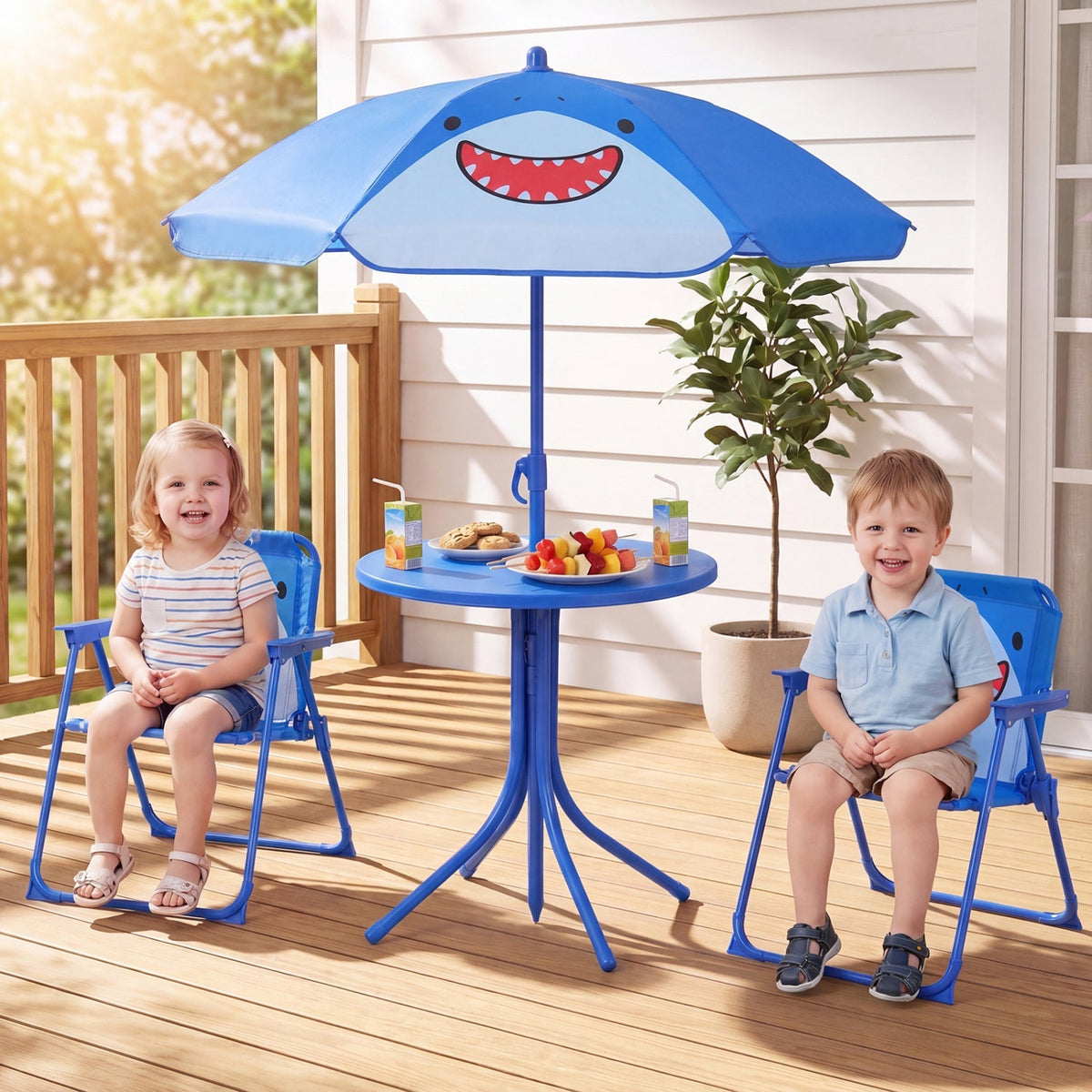 Kids outdoor table and chair set with two folding chairs and a height-adjustable umbrella, ideal for outdoor play and activities.