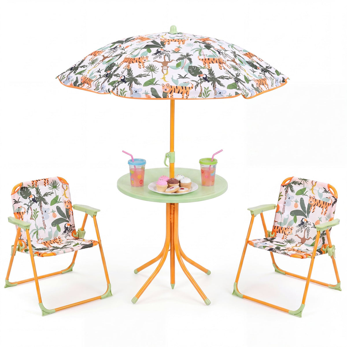 Kids outdoor table and chair set with two folding chairs and a height-adjustable umbrella for outdoor play and picnics.