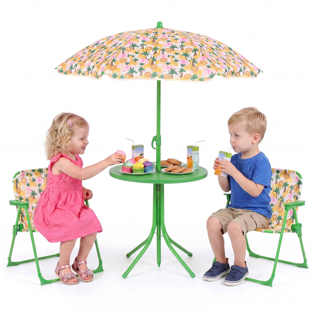 Kids outdoor table and chair set by GBruno Store with two folding chairs and a height-adjustable umbrella for outdoor play.
