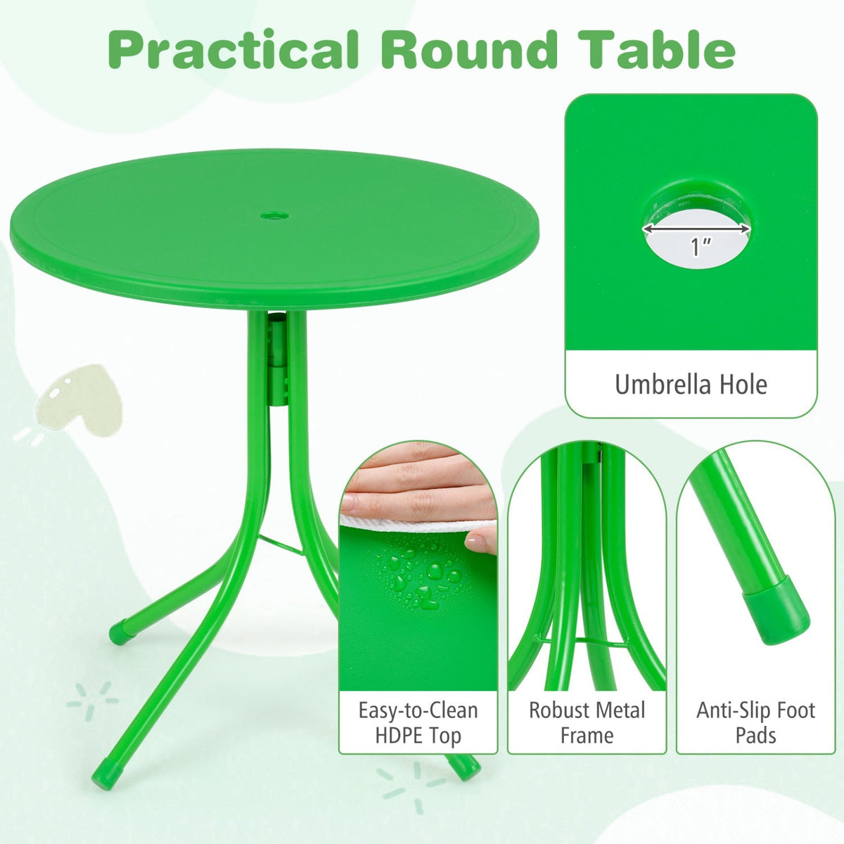 Kids outdoor table and chair set with two folding chairs and a height-adjustable umbrella, ideal for outdoor play and activities.