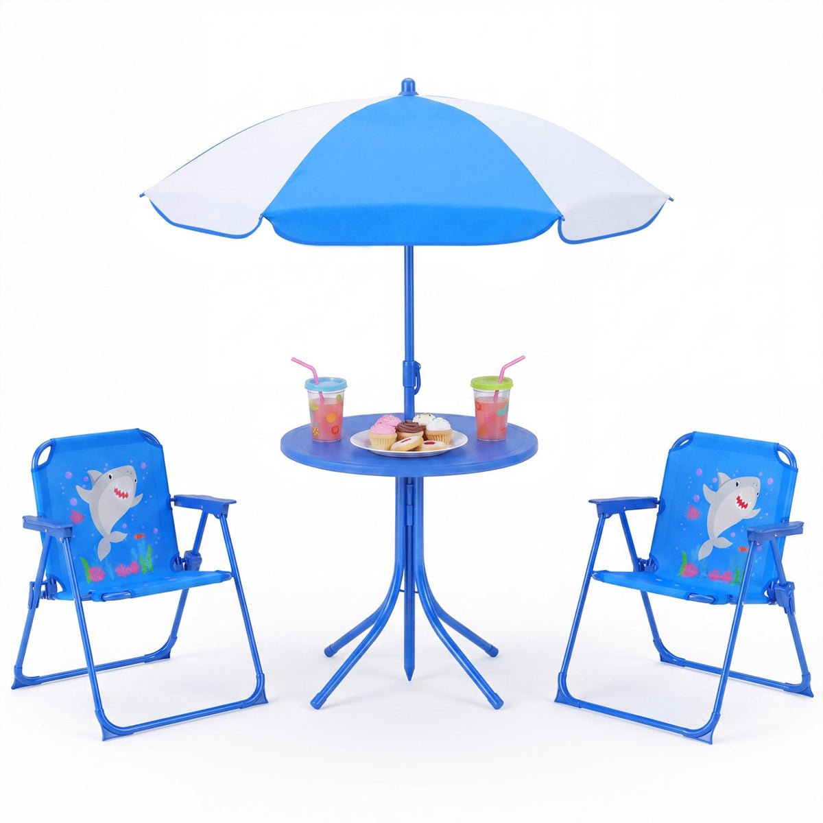 Kids outdoor table and chair set with two folding chairs and a height-adjustable umbrella, perfect for outdoor play and meals.
