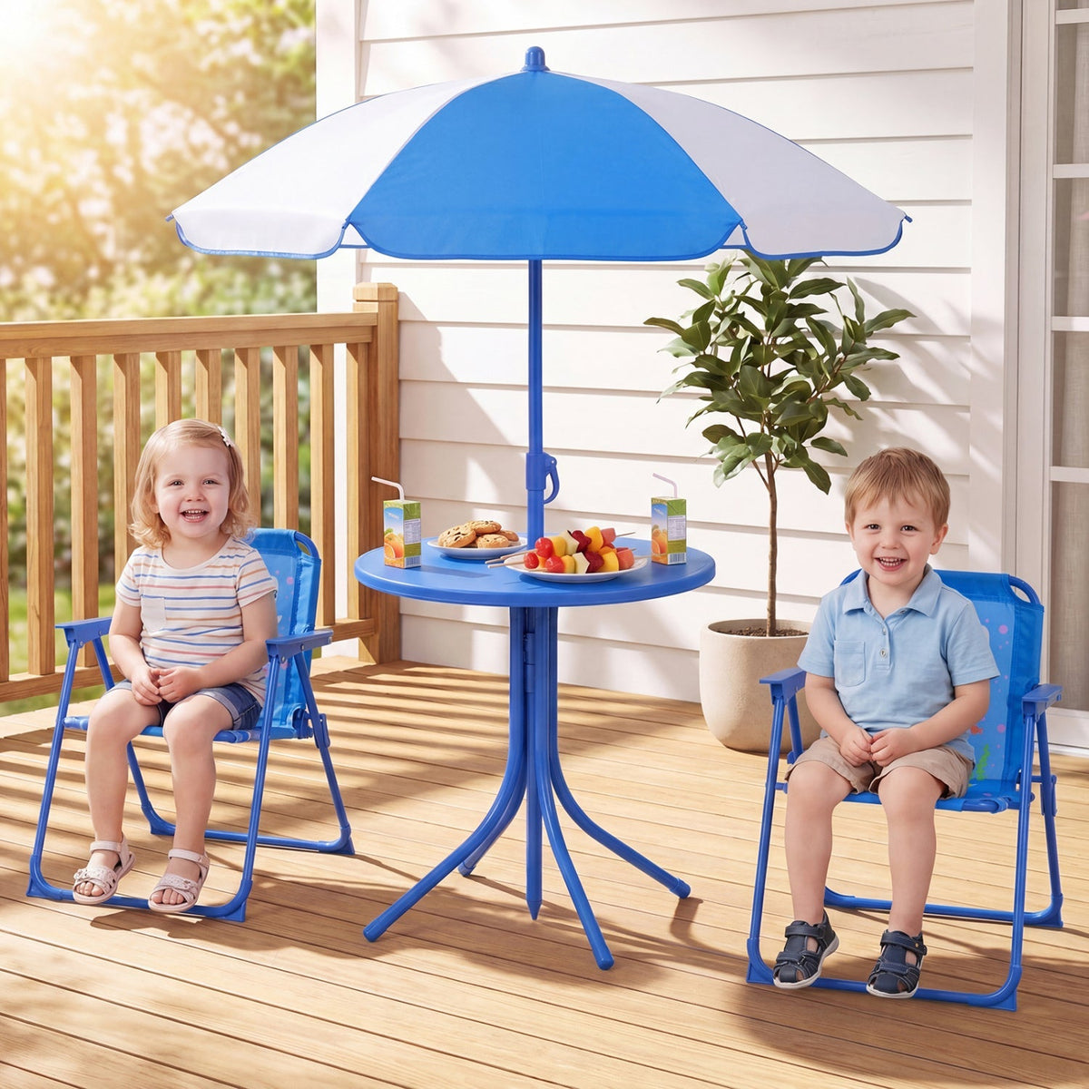 Kids outdoor table and chair set by GBruno with two folding chairs and a height-adjustable umbrella for outdoor play.