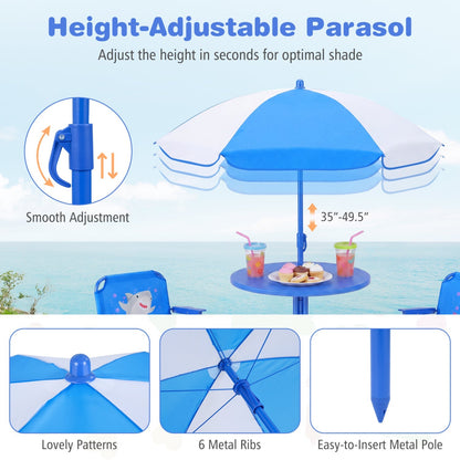 Kids outdoor table and chair set with two folding chairs and a height-adjustable umbrella, ideal for outdoor play and activities.