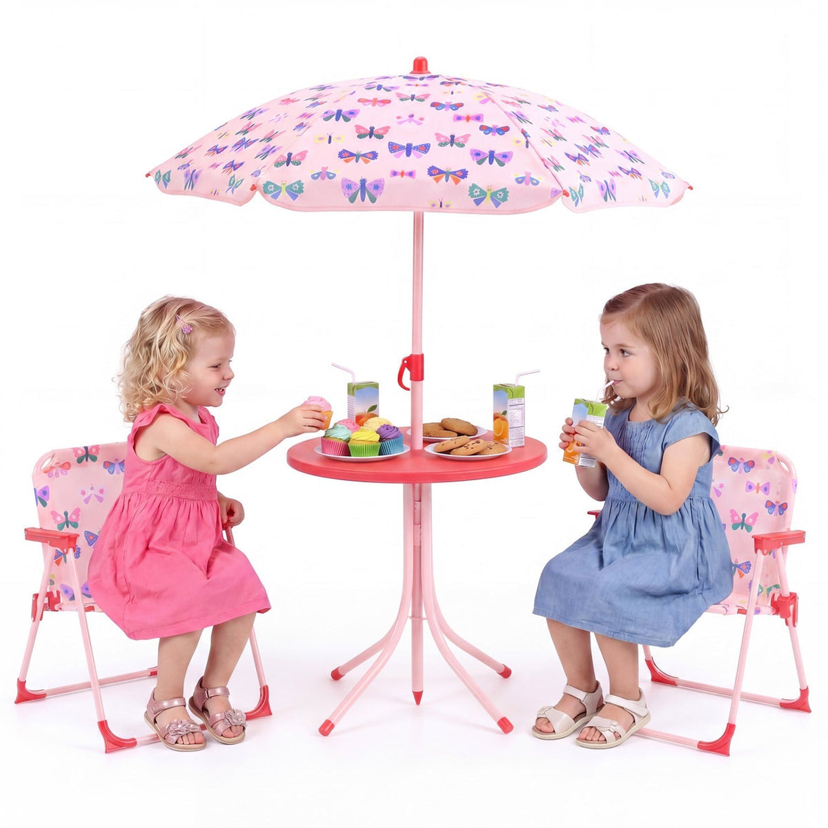 Kids outdoor table and chair set by GBruno Store with two folding chairs and a height-adjustable umbrella in a garden setting.