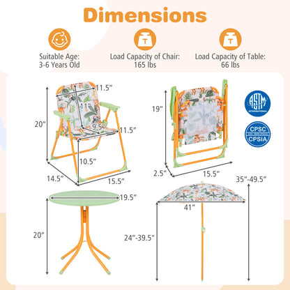 Kids outdoor table and chair set with two folding chairs and adjustable umbrella, suitable for outdoor play and activities.