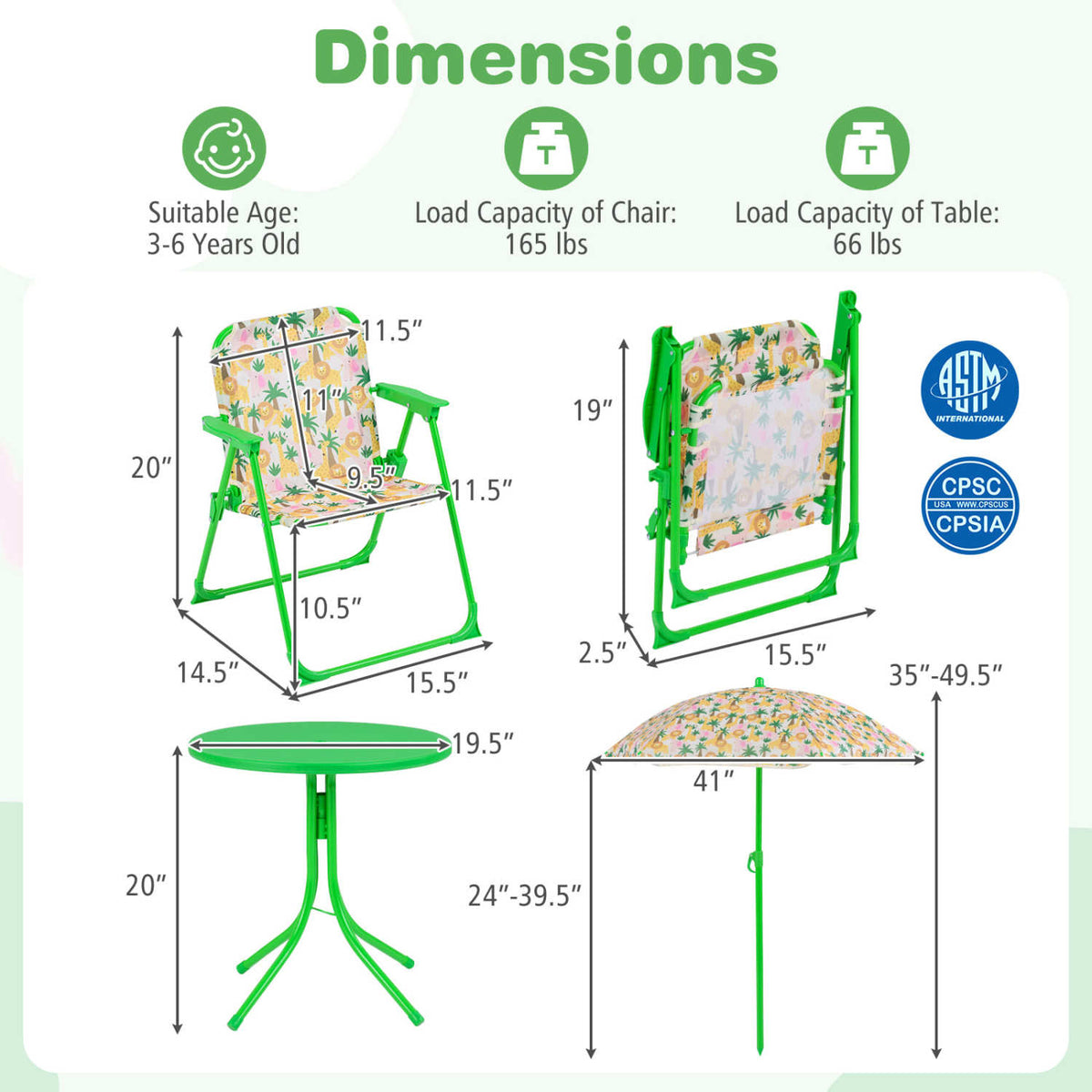 Kids outdoor table and chair set with two folding chairs and an adjustable umbrella, perfect for outdoor play and dining.