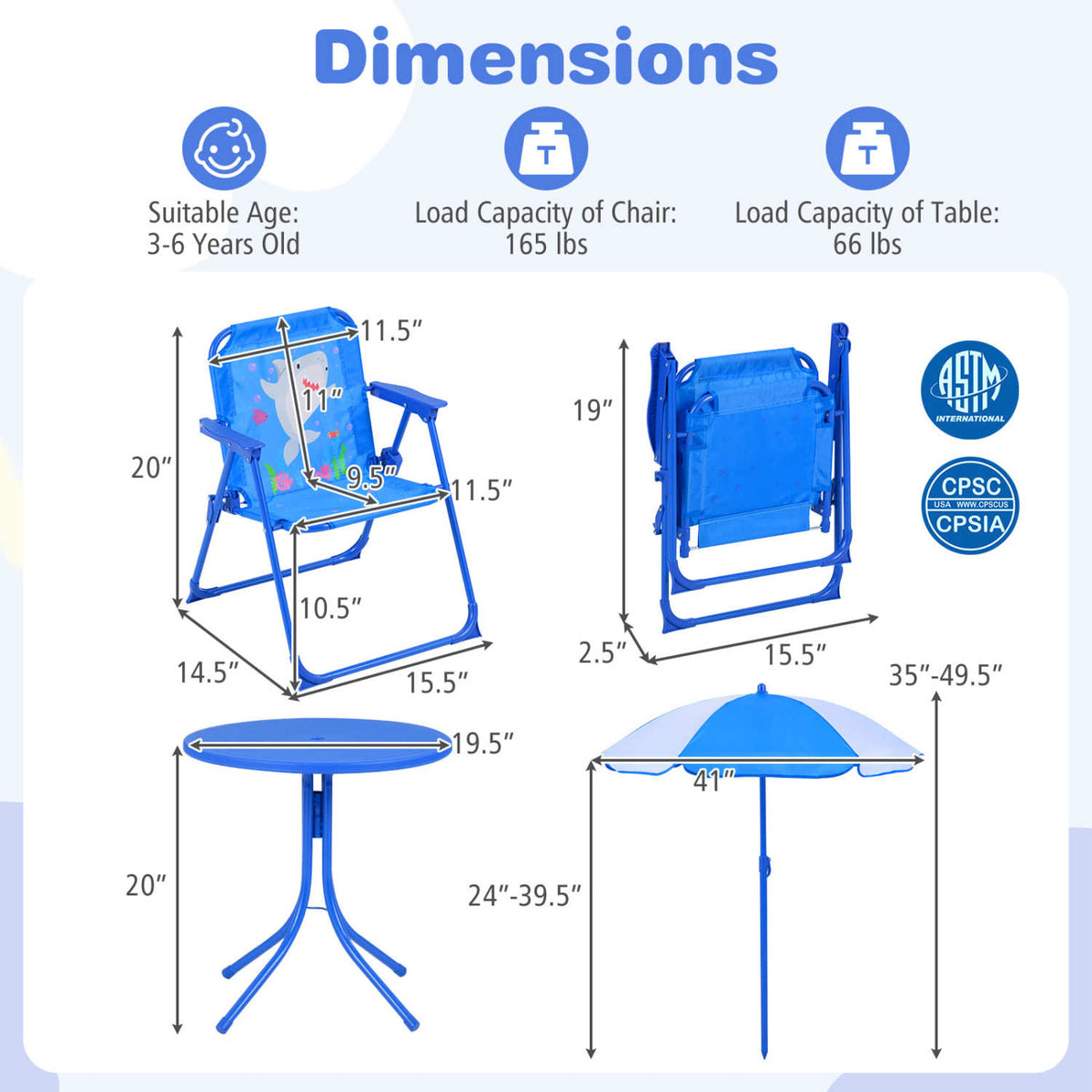 Kids outdoor table and chair set with two folding chairs and a height-adjustable umbrella, suitable for outdoor play and activities.