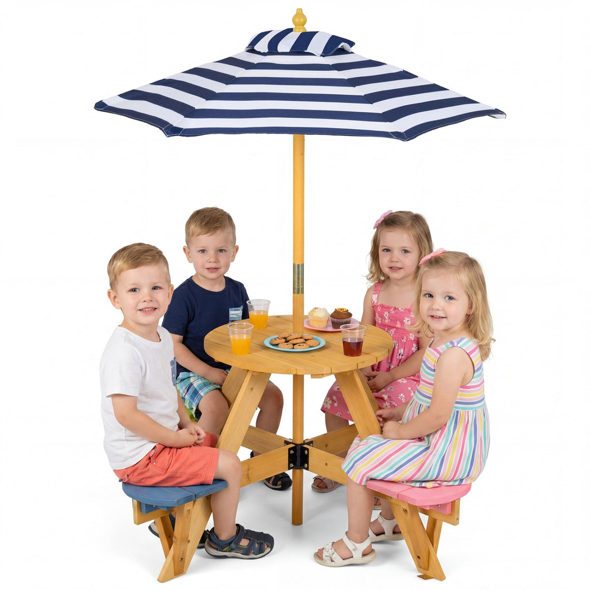 Kids picnic table with foldable umbrella and stools, ideal for backyard and patio play areas, by GBruno Store.
