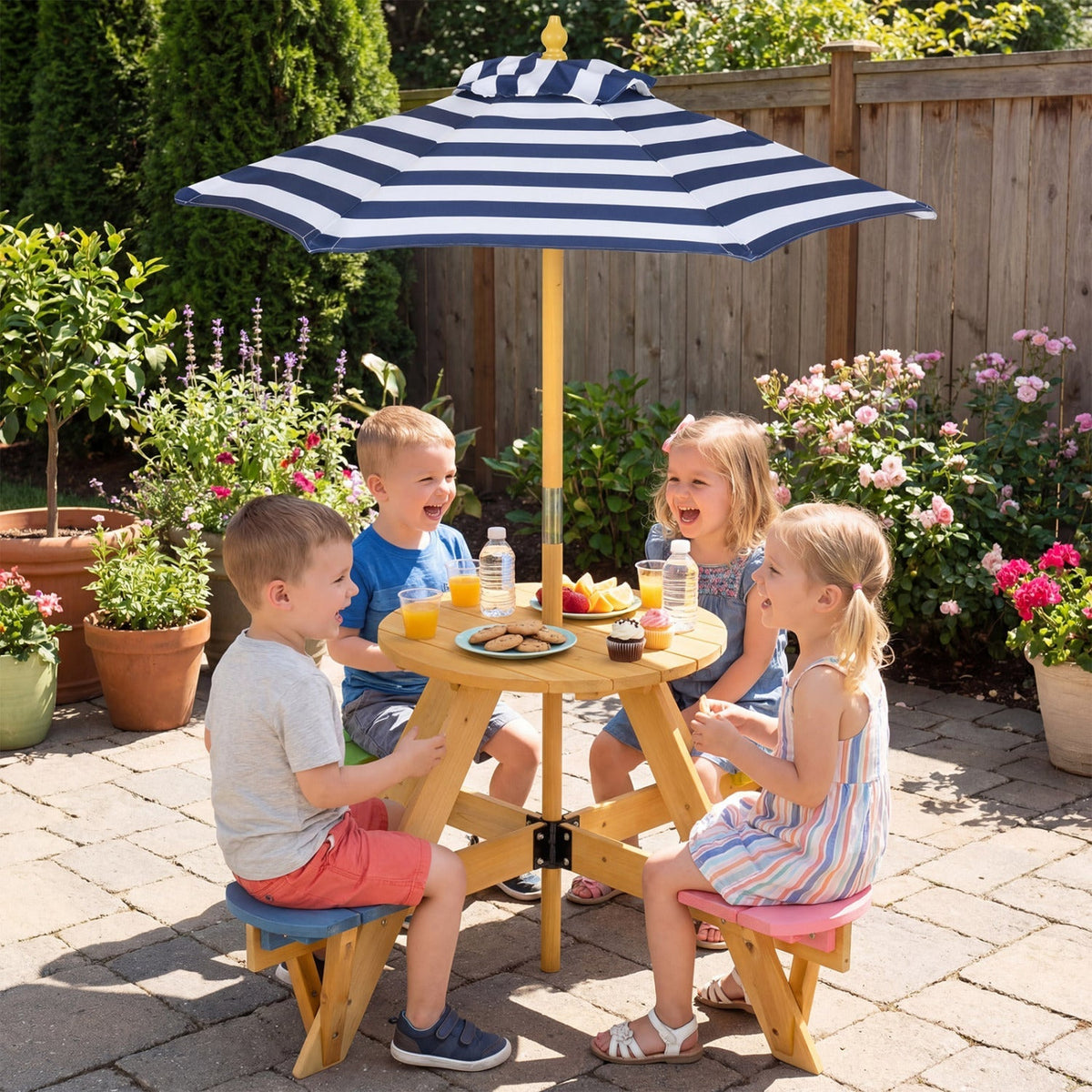 Kids picnic table with attached stools and foldable adjustable umbrella, ideal for backyard or patio outdoor play.