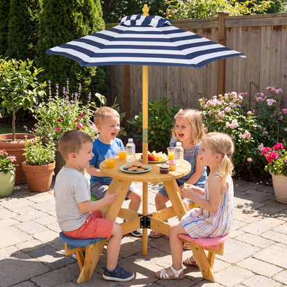 Kids picnic table with attached stools and foldable adjustable umbrella, ideal for backyard or patio outdoor play.