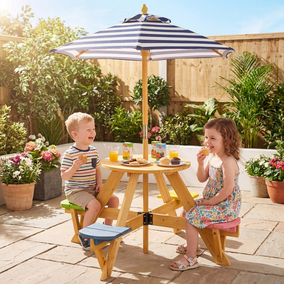 Kids picnic table with attached stools and foldable adjustable umbrella, ideal for backyard and patio play areas.