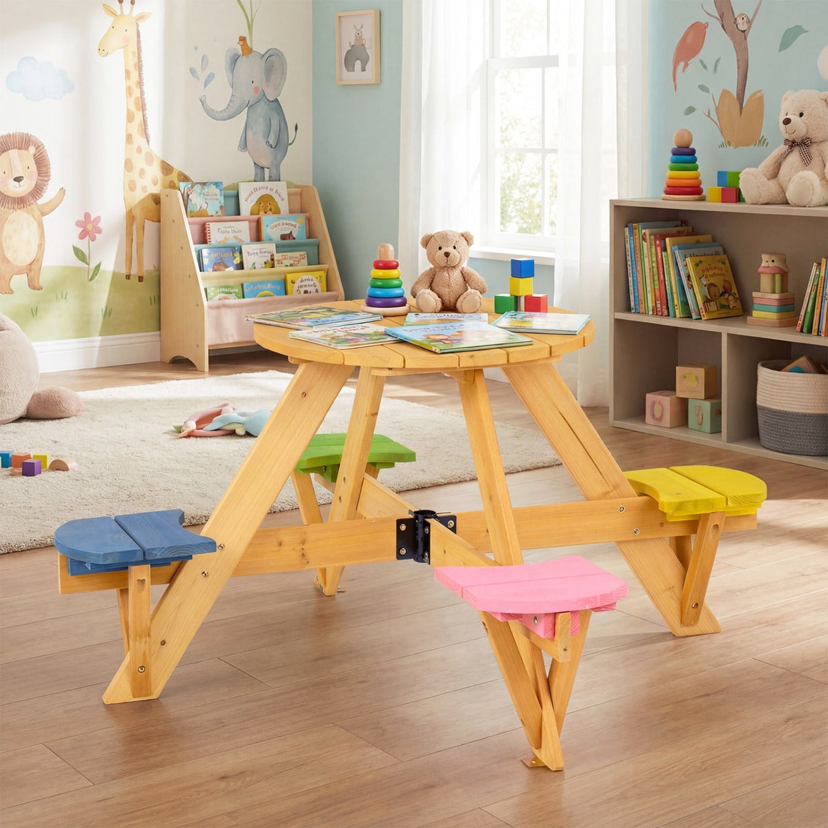 Kids picnic table with attached stools and foldable adjustable umbrella, perfect for backyard and patio outdoor play.
