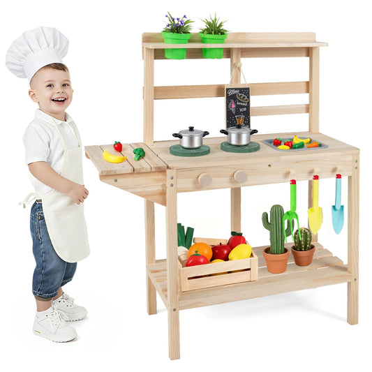 Wooden kids play kitchen set with stoves, designed for boys and girls aged 3+, featuring colorful cooking appliances and accessories.