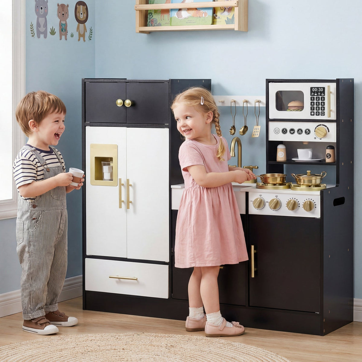 Kids play kitchen by GBruno Store featuring realistic lights, sounds, and detailed cooking appliances for imaginative role play.