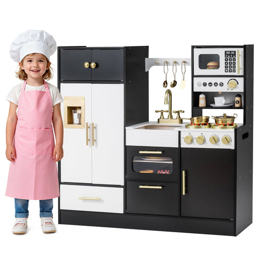 Kids play kitchen with realistic lights and sounds, featuring colorful appliances and play utensils for imaginative pretend cooking.