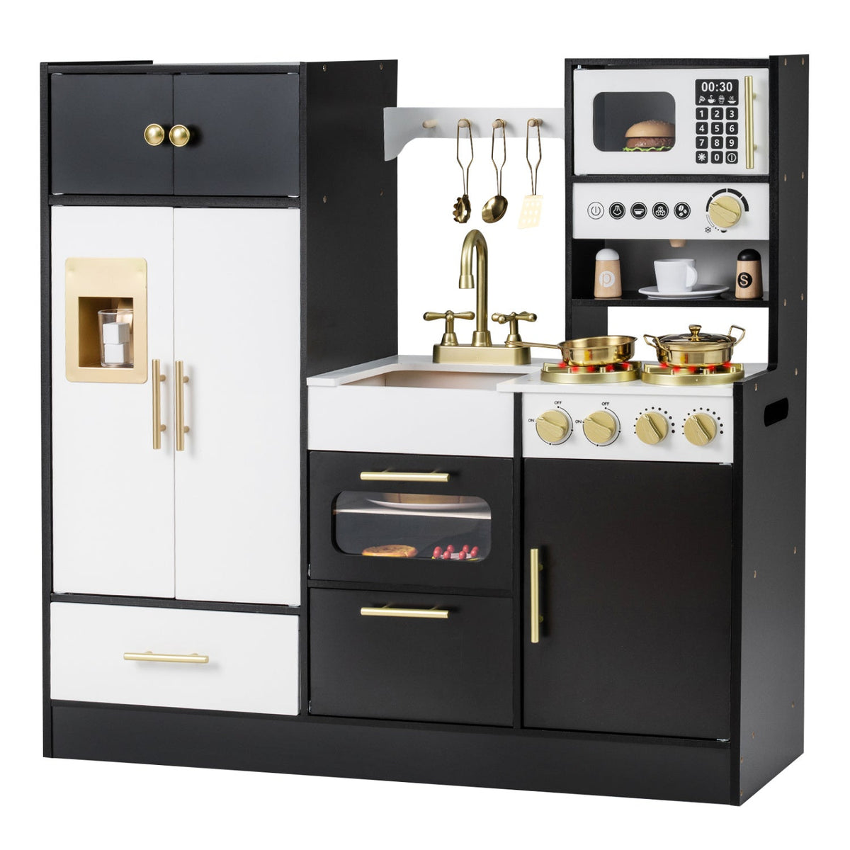 Kids play kitchen with realistic lights and sounds, featuring colorful appliances and accessories for imaginative pretend cooking.