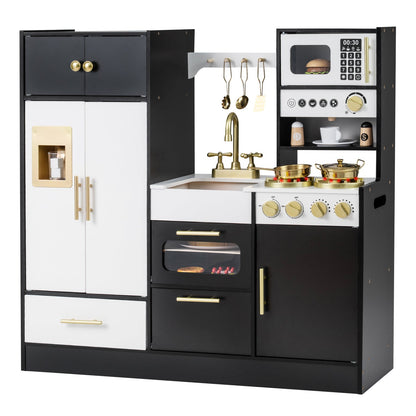 Kids play kitchen with realistic lights and sounds, featuring colorful appliances and accessories for imaginative pretend cooking.