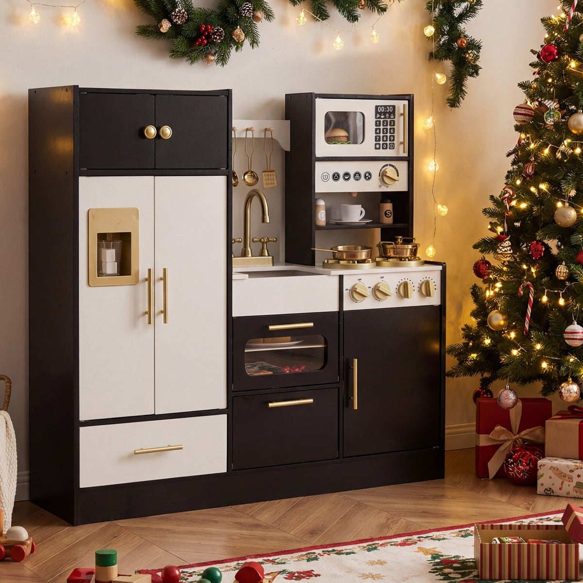 Kids play kitchen with realistic lights and sounds, featuring bright colors and play appliances for imaginative pretend cooking.