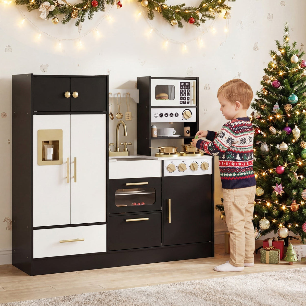 Kids play kitchen with realistic lights and sounds, featuring colorful stove, sink, and oven for imaginative role play.