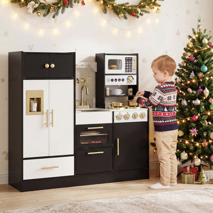 Kids play kitchen with realistic lights and sounds, featuring colorful stove, sink, and oven for imaginative role play.