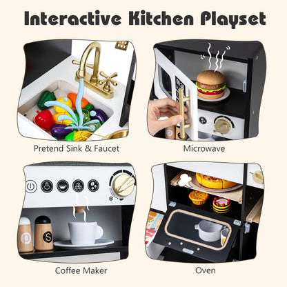 Kids play kitchen by GBruno Store featuring realistic lights, sounds, and various kitchen accessories for imaginative play.