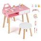 Kids pretend nail salon playset with wooden chair, stool, makeup, and manicure tools for toddlers, including eye shadow.