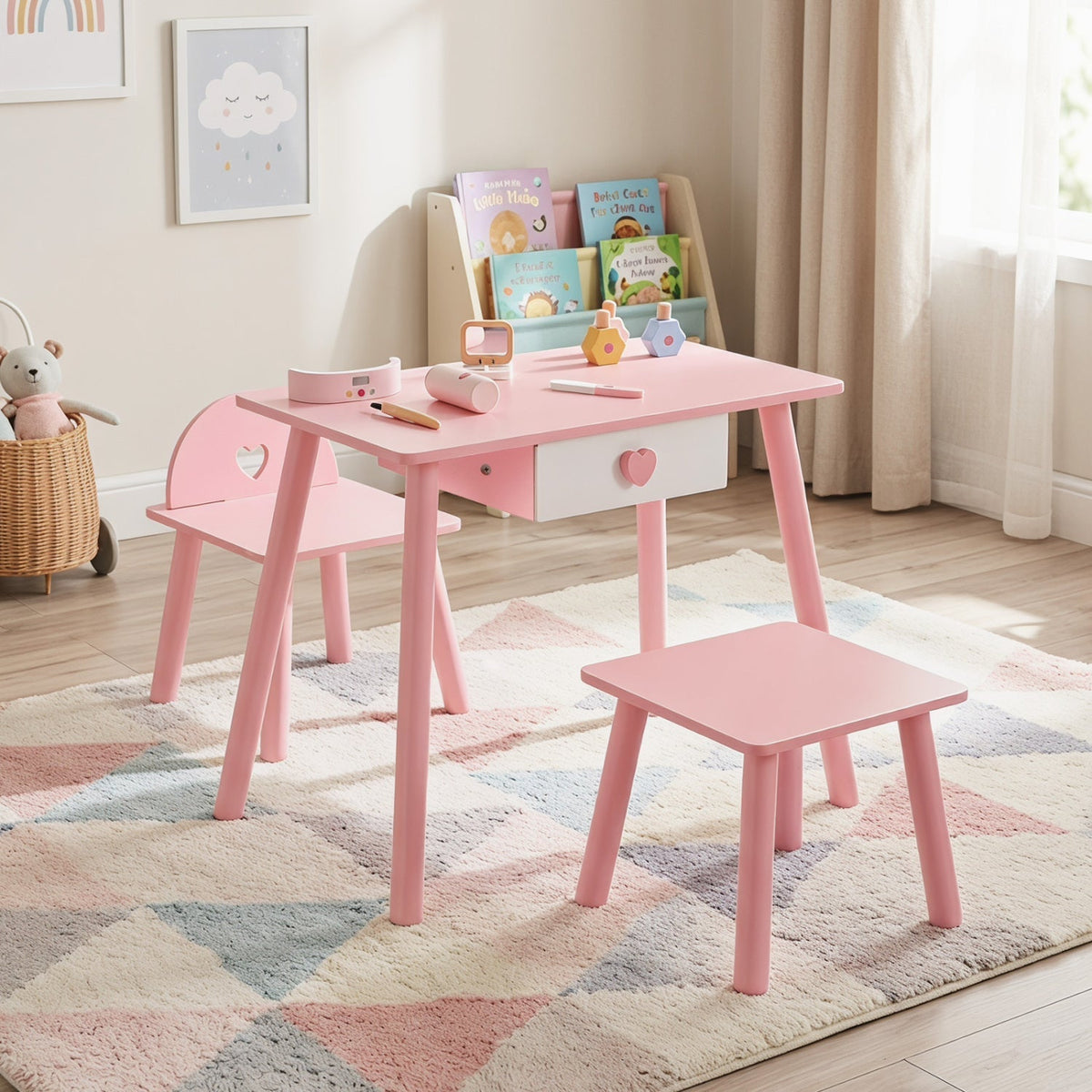 Kids vanity pretend nail salon playset with table and stools, featuring colorful nail polish bottles and child-friendly accessories.
