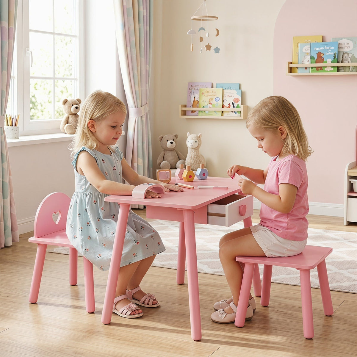 Kids pretend nail salon playset with vanity table, stools, and accessories for kids' imaginative beauty play.