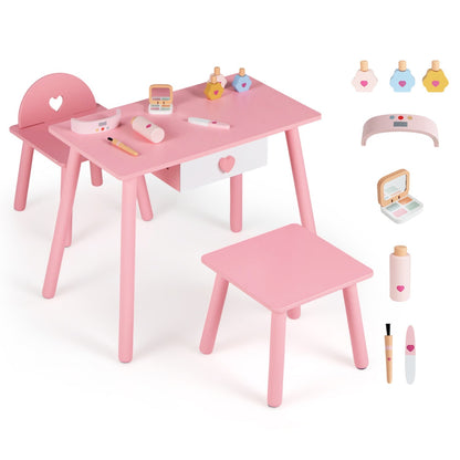 Kids vanity playset with nail salon table, stools, and pretend nail polish for imaginative kids' grooming play.