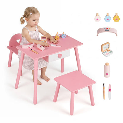 Kids pretend nail salon playset with vanity table, stools, and colorful nail accessories for imaginative play