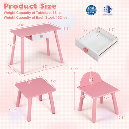 Kids vanity pretend nail salon playset with table and stools, featuring colorful nail polish bottles and grooming accessories.