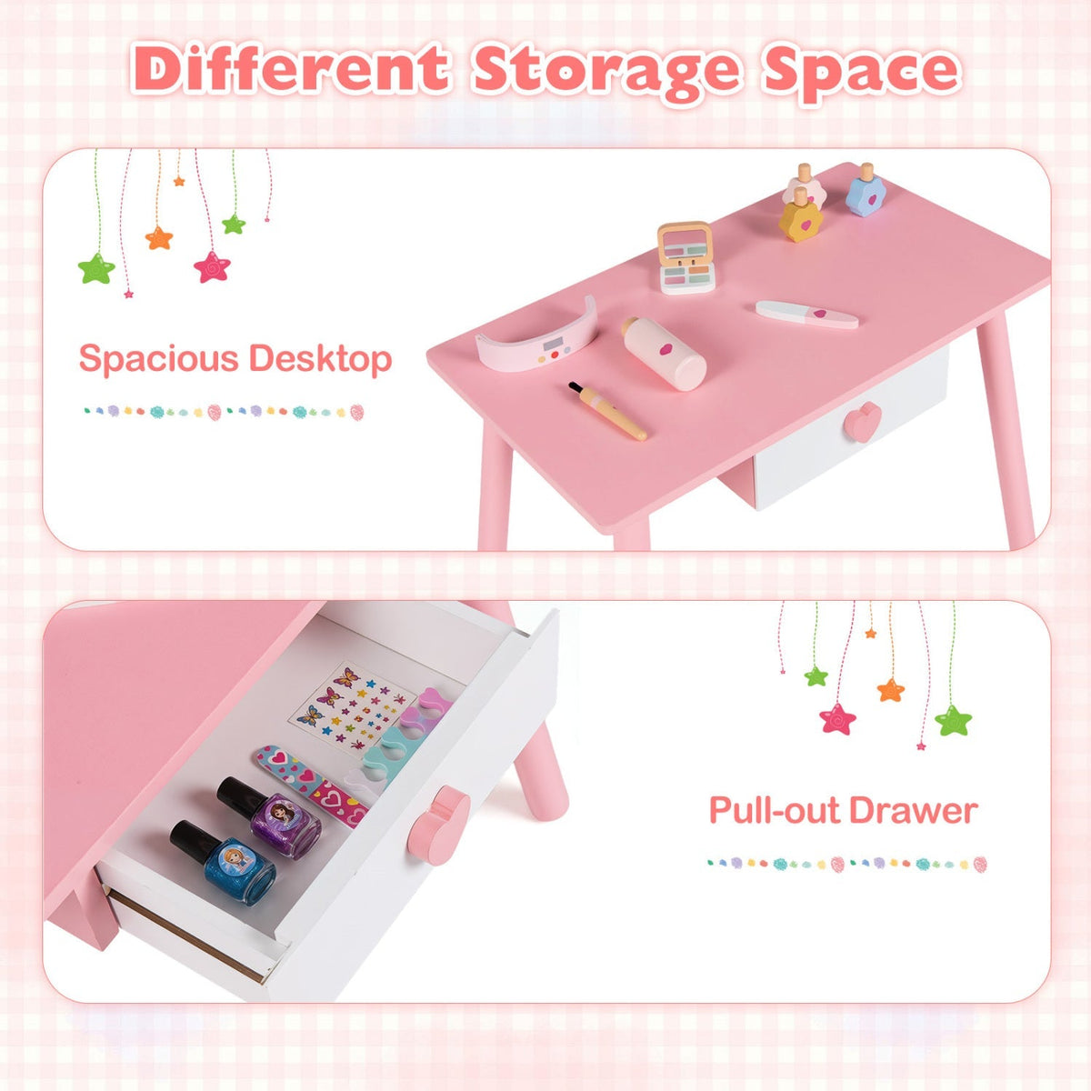 Kids vanity pretend nail salon playset with table and stools, featuring toy nail polish bottles and accessories for kids' imaginative play.