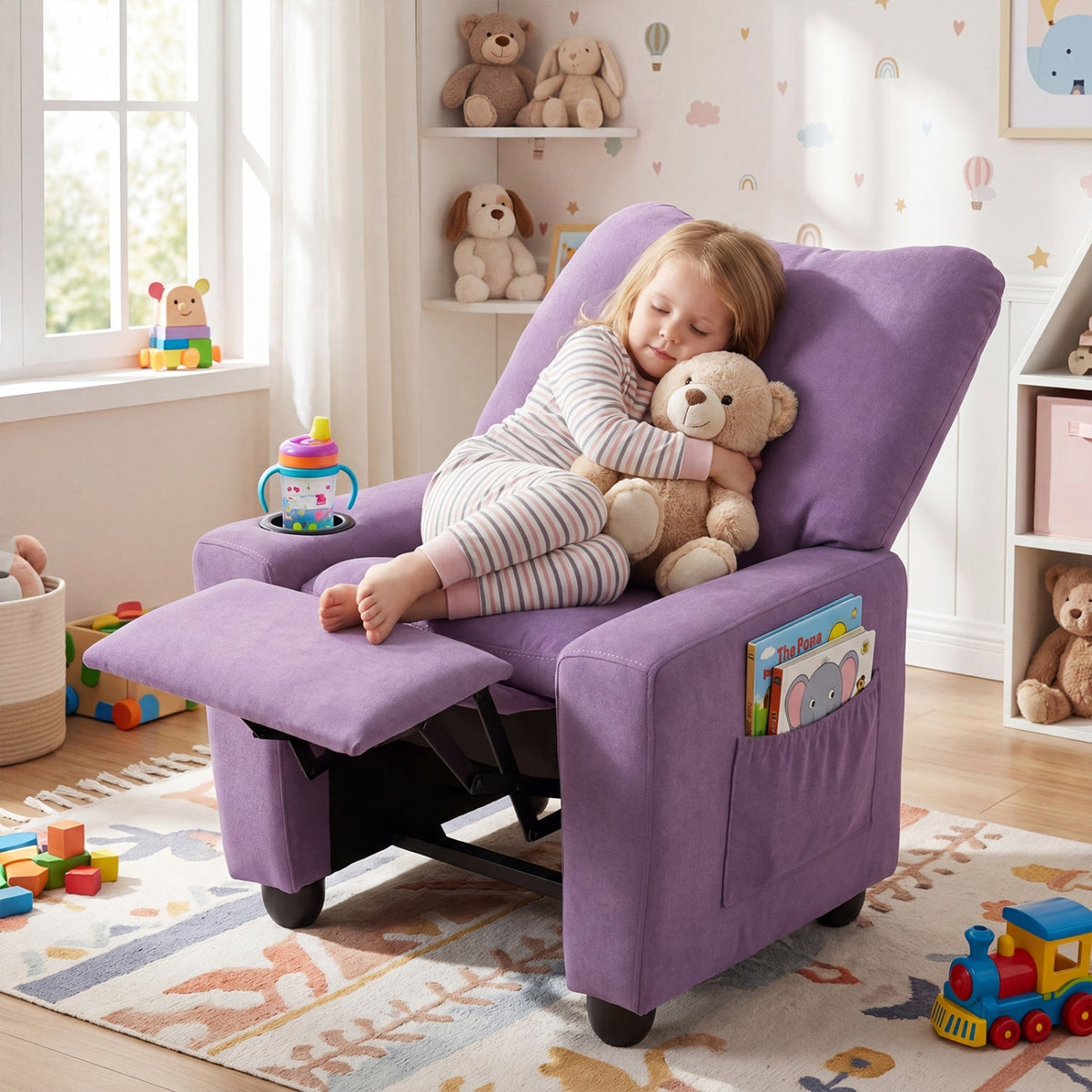 Kids recliner sofa by GBruno Store with adjustable footrest and cup holder, featuring soft fabric and child-friendly design.